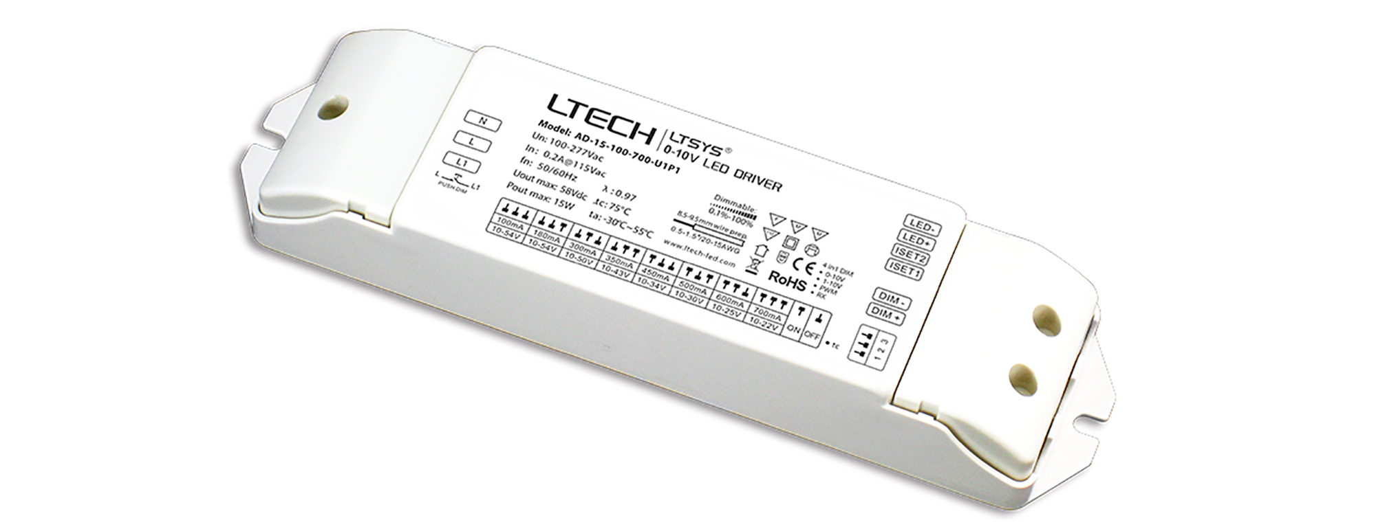 AD-15-100-700-U1P1  0/1-10, PWM, Resister, Push Dim 1-15W Current Dimmable Driver.100-700mA adjustable, Class II, IP20